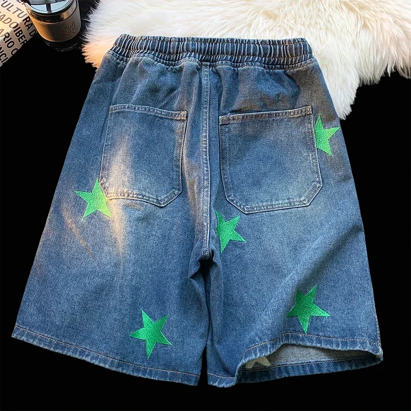 Star Patchwork Blue Color Jeans Summer Men Denim Shorts Trendy Streetwear Five-point Pants Straight Jeans Shorts