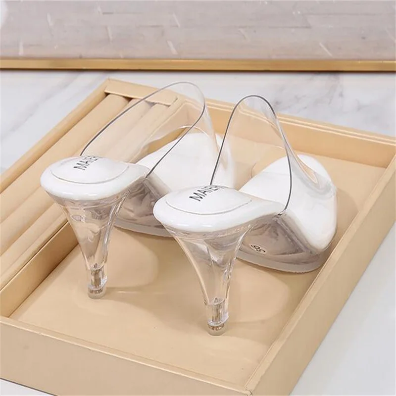 Women High Heel Slipper 6.5cm Crystal Mid-heel Transparent Casual Fashion High Quality Brand Large Size
