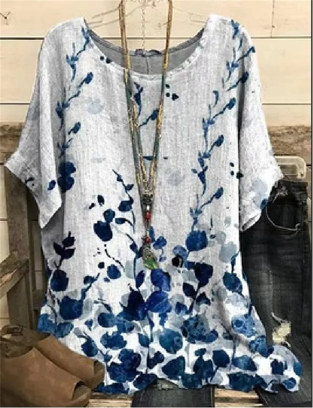 Women Summer Retro Pure Color O Neck Cotton Shirt 3 main image 1