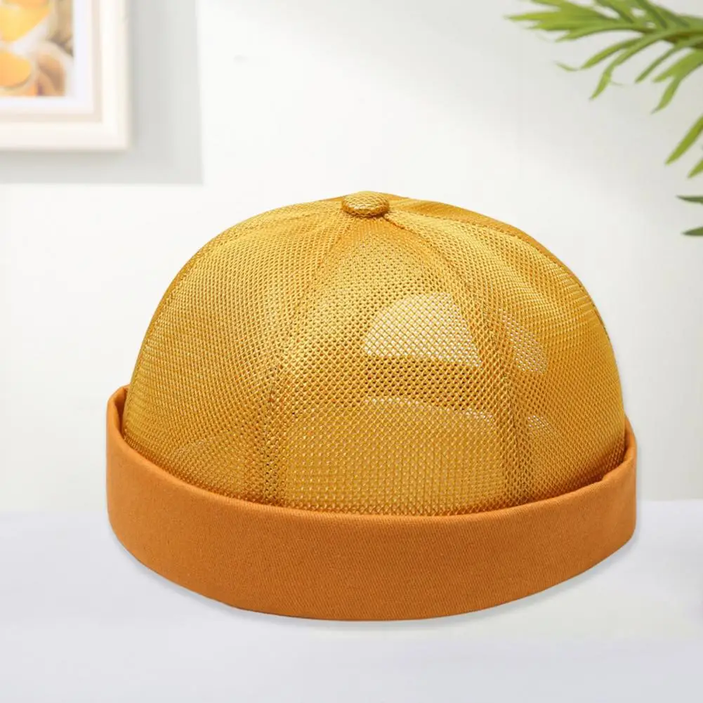 Women Men Dome Hat Solid Color Hollow Out Mesh Docker Hat Breathable Brimless Lady Hat Solid Color Unisex Ponytail Hole Headwear