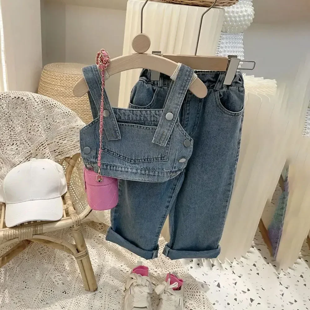 

Girls Fashion Denim Set 2024 Spring Autumn New Korean Children's Tank Tops + High Waist Loose Wide Leg Jeans 2Pieces Suit