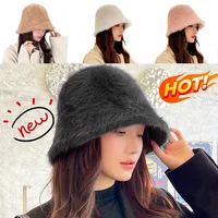 2025 Simple Winter Rabbit Fur Bucket Hat For Women Fashion Solid Color Hat Bucket Cap Fisherman Hat Retro Knitted Wool Basin Hat