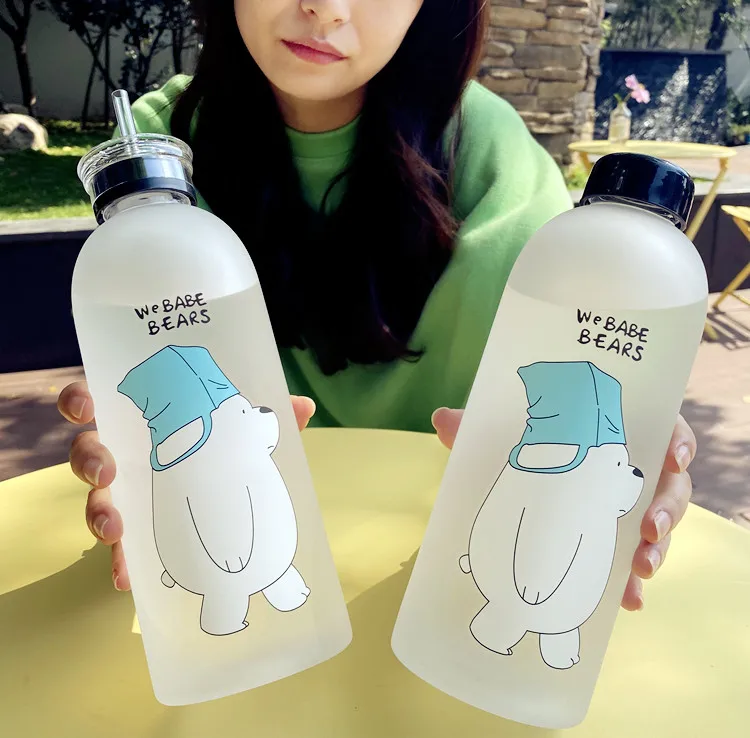 Cute Panda Bear Cup 1000ml Water Bottles With Straw Transparent Cartoon Water Bottle Drinkware Frosted Leak-proof Protein Shaker