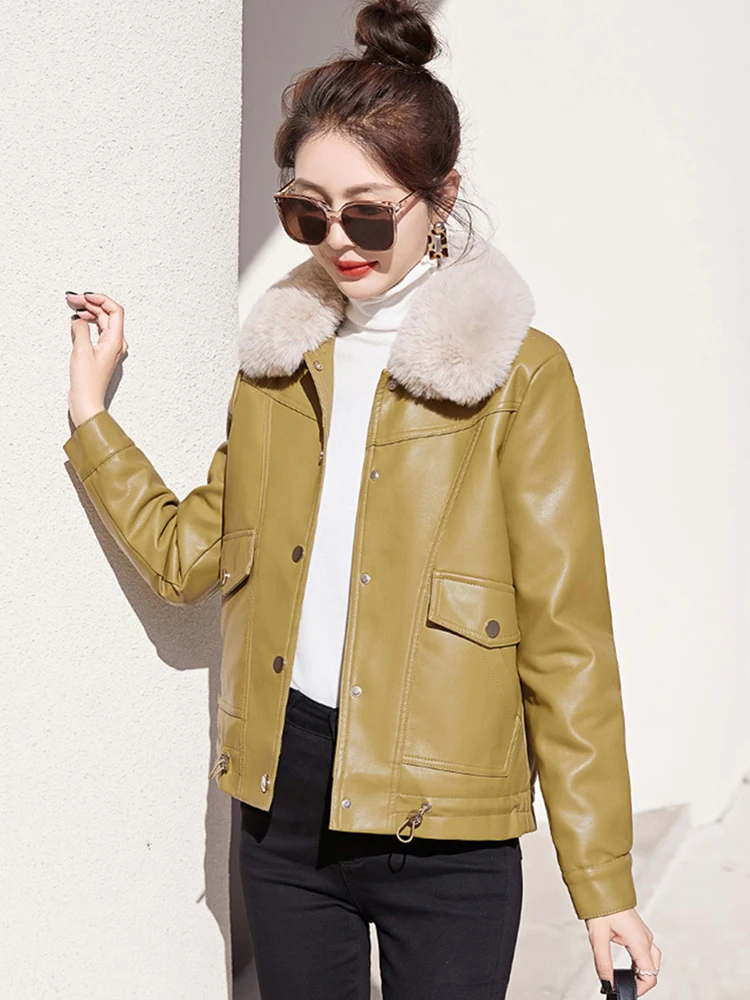 New Women Leather Jacket Autumn Winter Casual Fashion Fur Collar Plus Velvet Lining Thicken Leather Coat Loose Warm Outerw