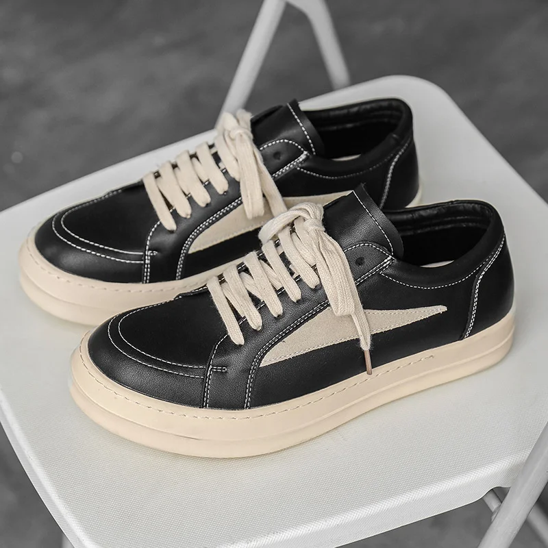 New Leather Student Couple Shoes Flat Black Fashion Trend All-match Casual Thick Baseplate Sneakers Comfort Lace-up Trainers