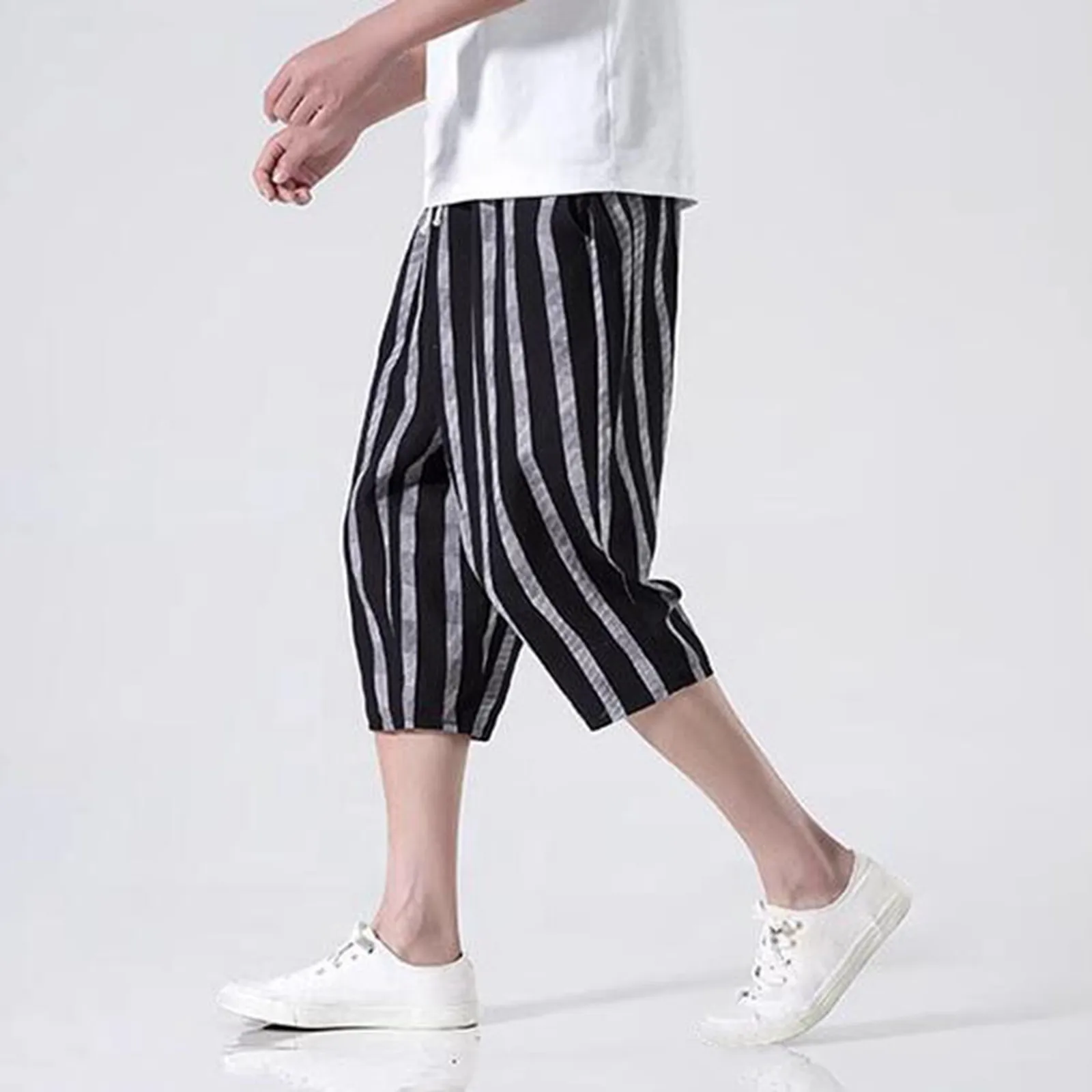 Plaid Cotton Capri Pants Six Points Haren Pants Men's Pants Retro Wide Leg