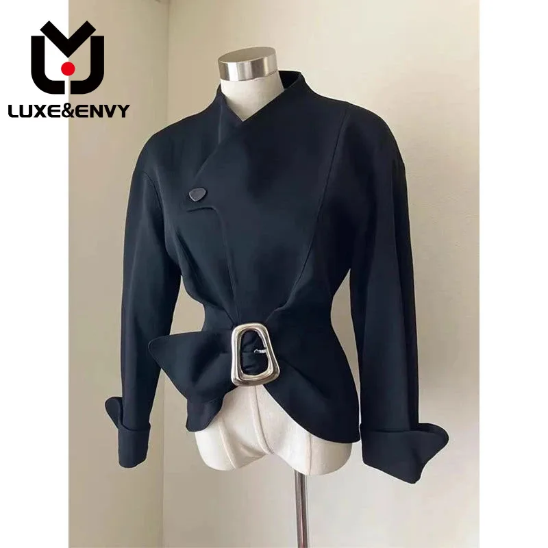 

LUXE&ENVY European Vintage Small Fragrance French Waistband Jacket Design Sense Black Slim Top For Women2023 Autumn