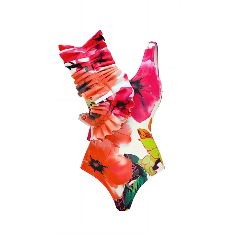 2024New Sexy One-Piece Swimsuit Women's Bikini Ruffled Printed SwimsuitbikiniMesh long dress