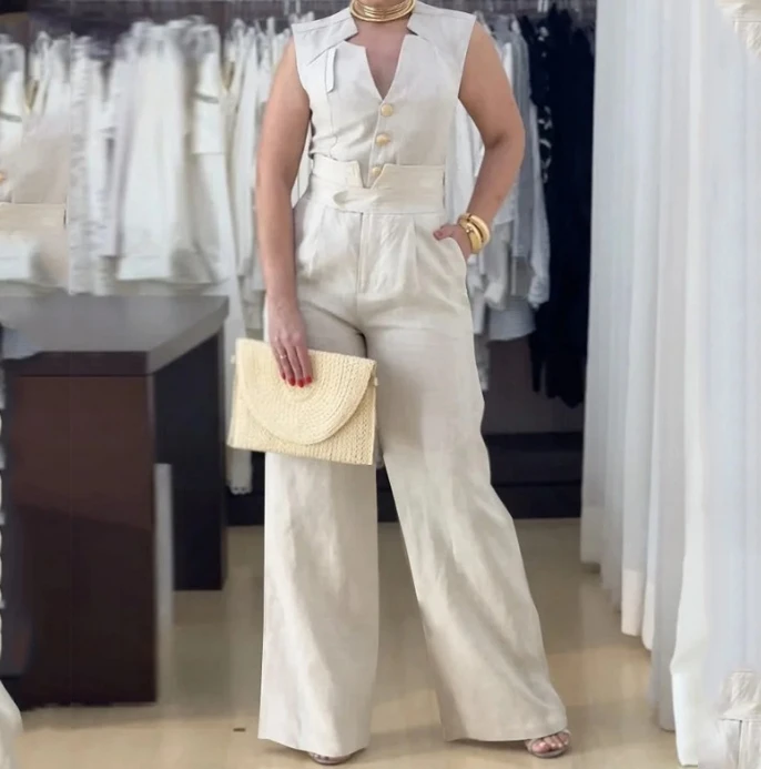 

Women's Fashion New Symmetrical Sleeveless Top & Wide Leg Pants Set Temperament Commuting Female Casual Trousers Sets Outfits