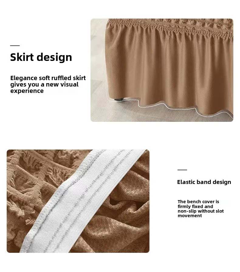 Description Picture 5 of item1PC Solid Color Seersucker Bench Cover with Skirt Non-Slip Dining Seat Slipcover Elastic Piano Chair Case Bedroom Seat Protector