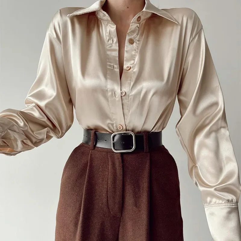 Camicia da donna in raso elegante, da donna, senza maniche, casual, in seta, leggera, con scollo a V, con bottoni, comoda canotta, beige., M
