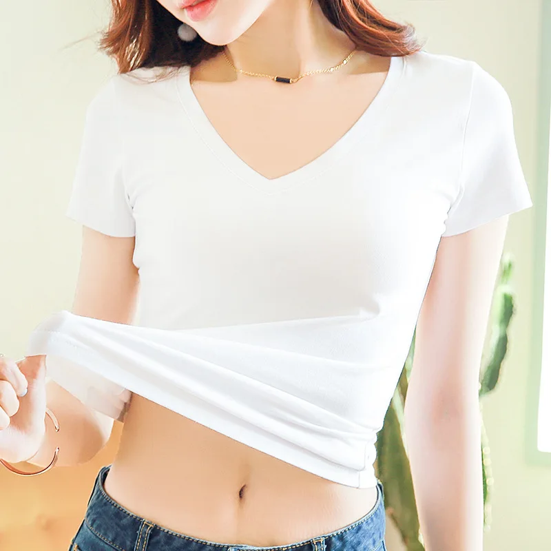 

MRMT 2024 Brand New Women's White All Match T Shirt Fashion Casual Thin Sweetheart Neckline Short Sleeved T Shirt V Neck