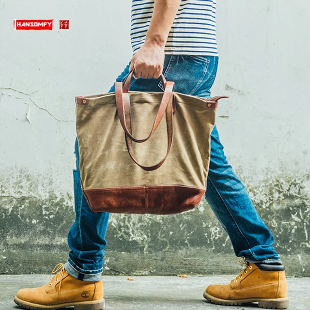 Retro Canvas With Genuine Leather Men's Bag Large Capacity Handbags Hipster  Tote Shoulder Bag Street Fashion Tote Bags - AliExpress