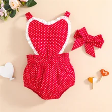 

0-24 Months Baby Girl Cute Red Love Heart Shape Romper Toddler Fashion Sleeveless Dot Print Bodysuits Headband Valentine's Day