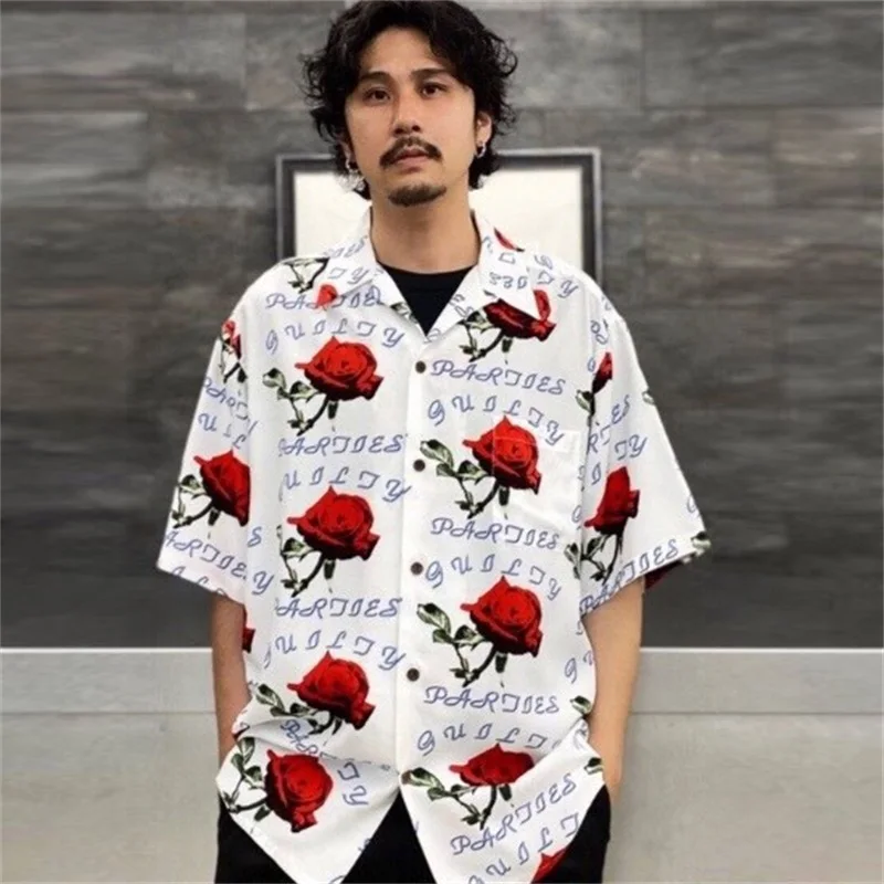 

23SS Full Print Rose WACKO MARIA Shirt Men Women 1:1 Best Quality Black White Gray Hawaiian Shirts Tee Hippie Clothes