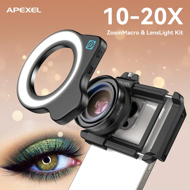 APEXEL 10-20X Zoom Macro Lens with LED Fill Light HD Phone Camera Micro Lenses  for iPhone Samsung all Smartphones Eyelash Macro
