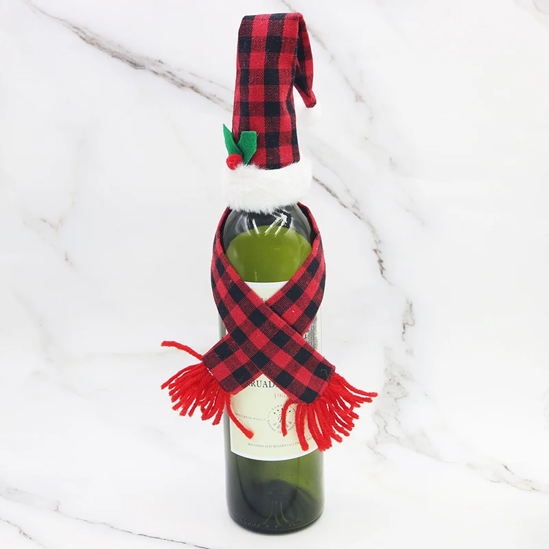 (1pcs/pack) Christmas plaid cloth red wine bottle set, dining table decoration, festive atmosphere creation set, Christmas decor