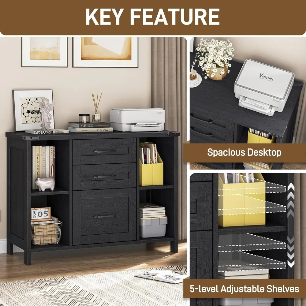 file cabinet with 3 drawers, farmhouse lateral file cabinet fits files letter/a4 size, wooden filing cabinet with adjustable sh