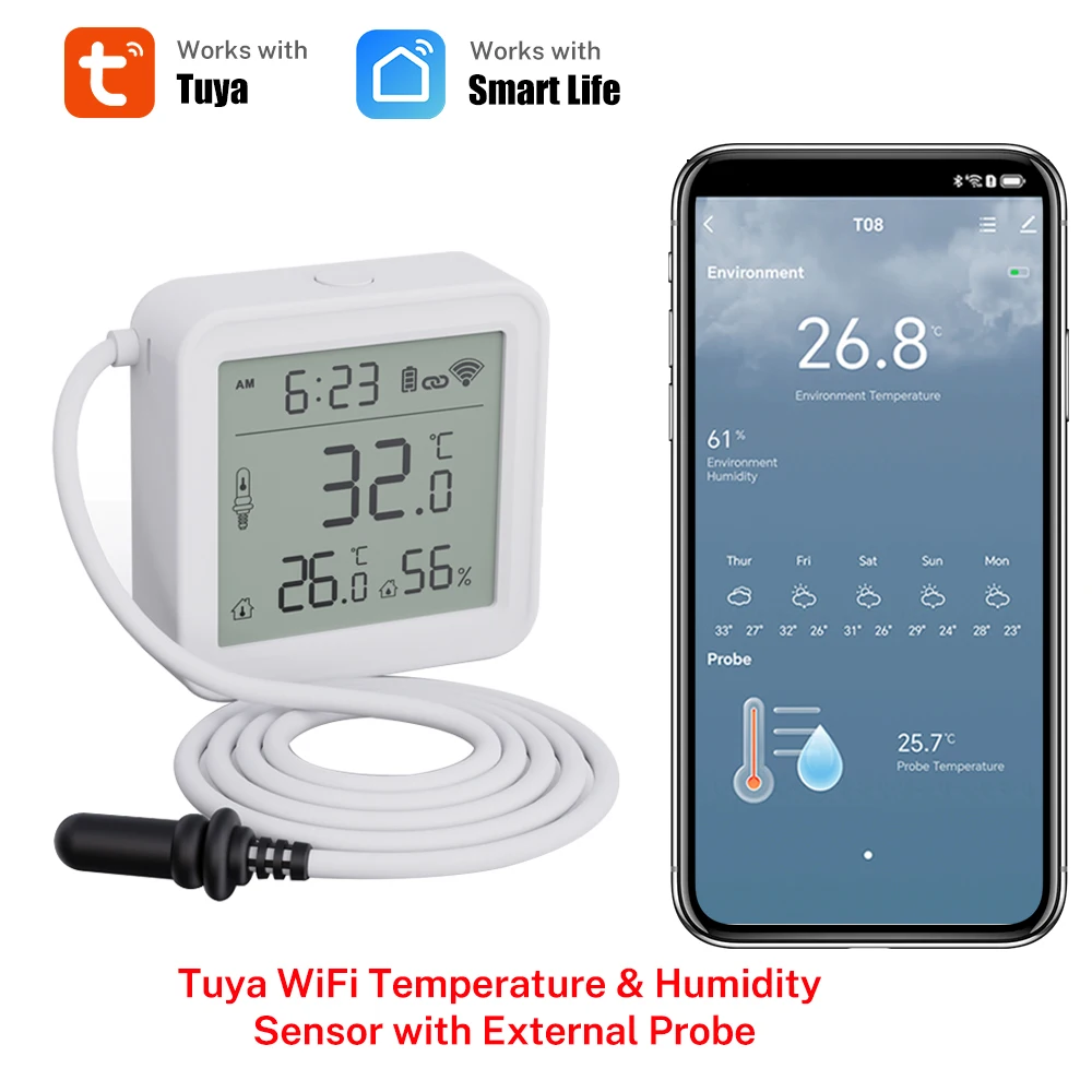 Tuya – capteur de température et d'humidité WiFi, avec sonde externe, pour maison intelligente, hygromètre, surveillance par application pour plantes, Aquarium, vignoble
