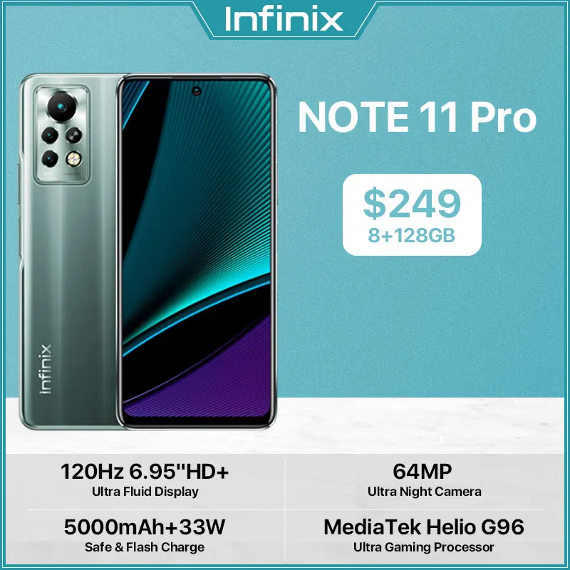 Infinix Note 11 Pro 8GB 128GB 6.95'' Display Smartphone Helio G96 120Hz Refresh Rate 64MP Camera 5000 Battery 33W Super Charge |