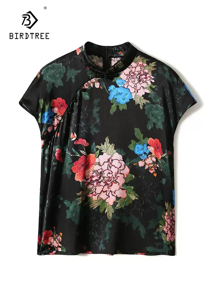 

BirdTree 91.1%Real Silk Chinese Style T-Shirt For Women, YKK Zipper Short Sleeve Printed, Cheongsam Top, 2024 Spring T42106QC