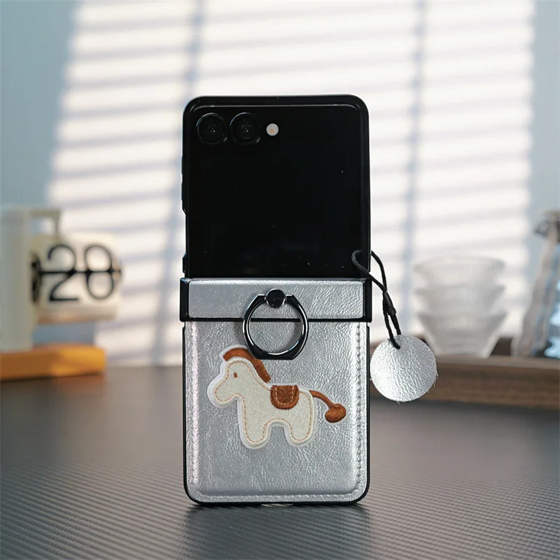Premium PU Leather Embroidered Horse Folding Phone Case with Finger Ring Holder