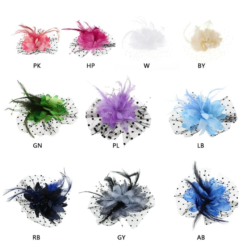 

Women Bridal Mesh Bow Feather Beads Wedding Fascinator Dot Veil Hair Clip Brooch