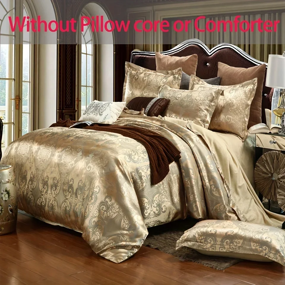 

2/3pcs Soft and Comfortable Jacquard Golden Duvet Cover Set for Bedroom and Guest Room Includes Duvet Cover and Pillowcases