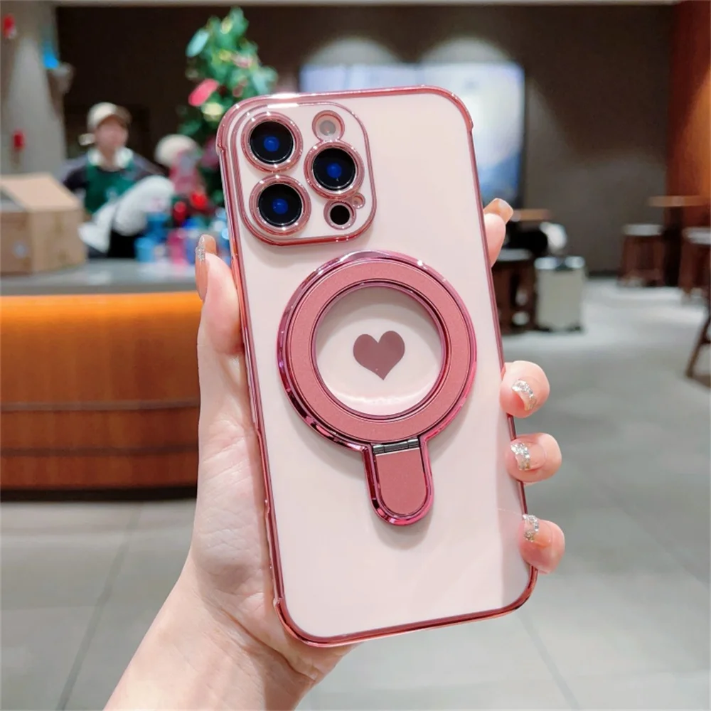 Magnetic Love Heart Stand Holder Phone Case with Plating