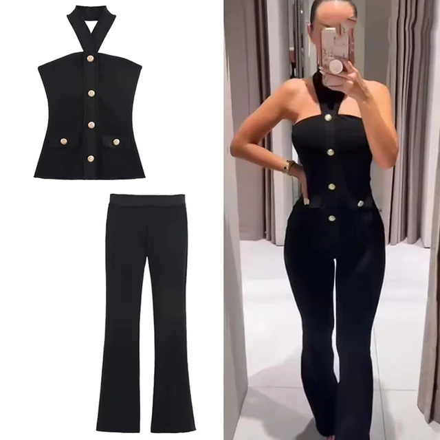 Women 2 Pieces Pants Sets 2025 New Fashion Gold Button Halter Top + Flare Trousers Women's Suit Bodycon Set Woman Outfits