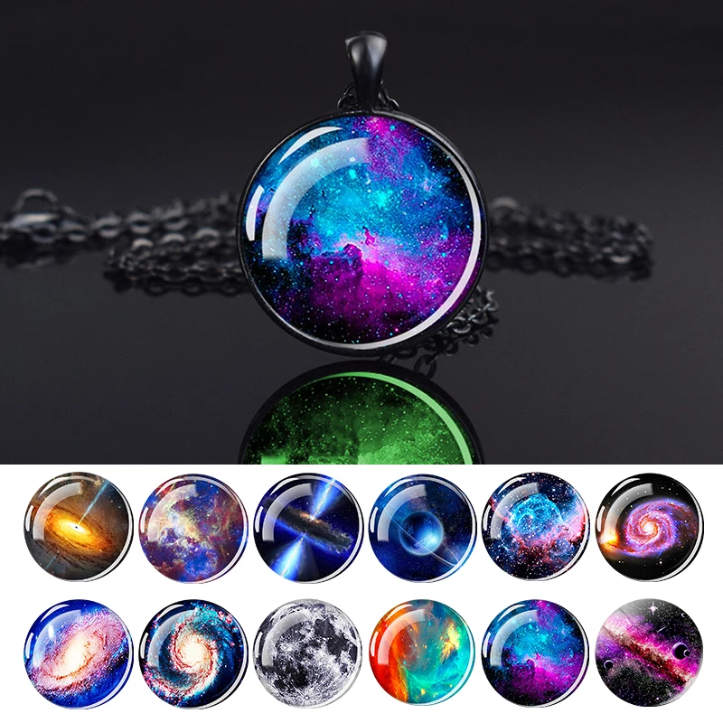 Glowing In The Dark Galaxy Planet Collana Sistema Solare Earth Moon Jupiter Mercury Saturn Collana Con Ciondolo In Vetro Space Jewelry