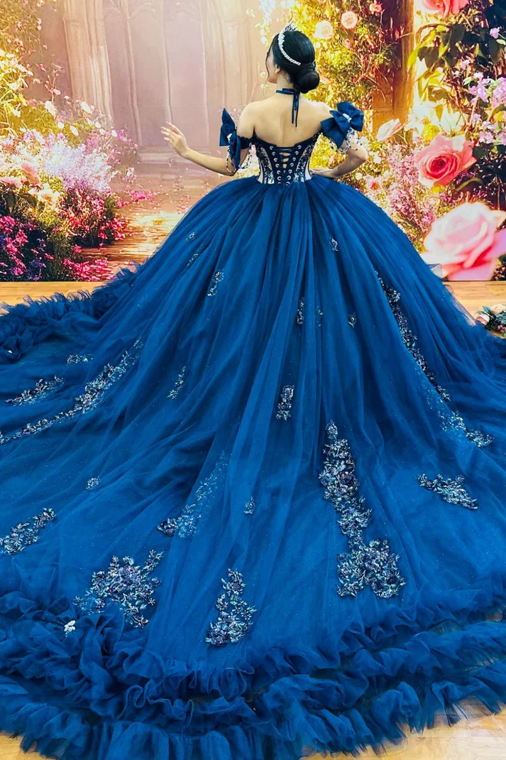 Navy Blue Off Shoulder Quinceanera Dress Appliques Ball Gown Tiered Ruffles  | eBay