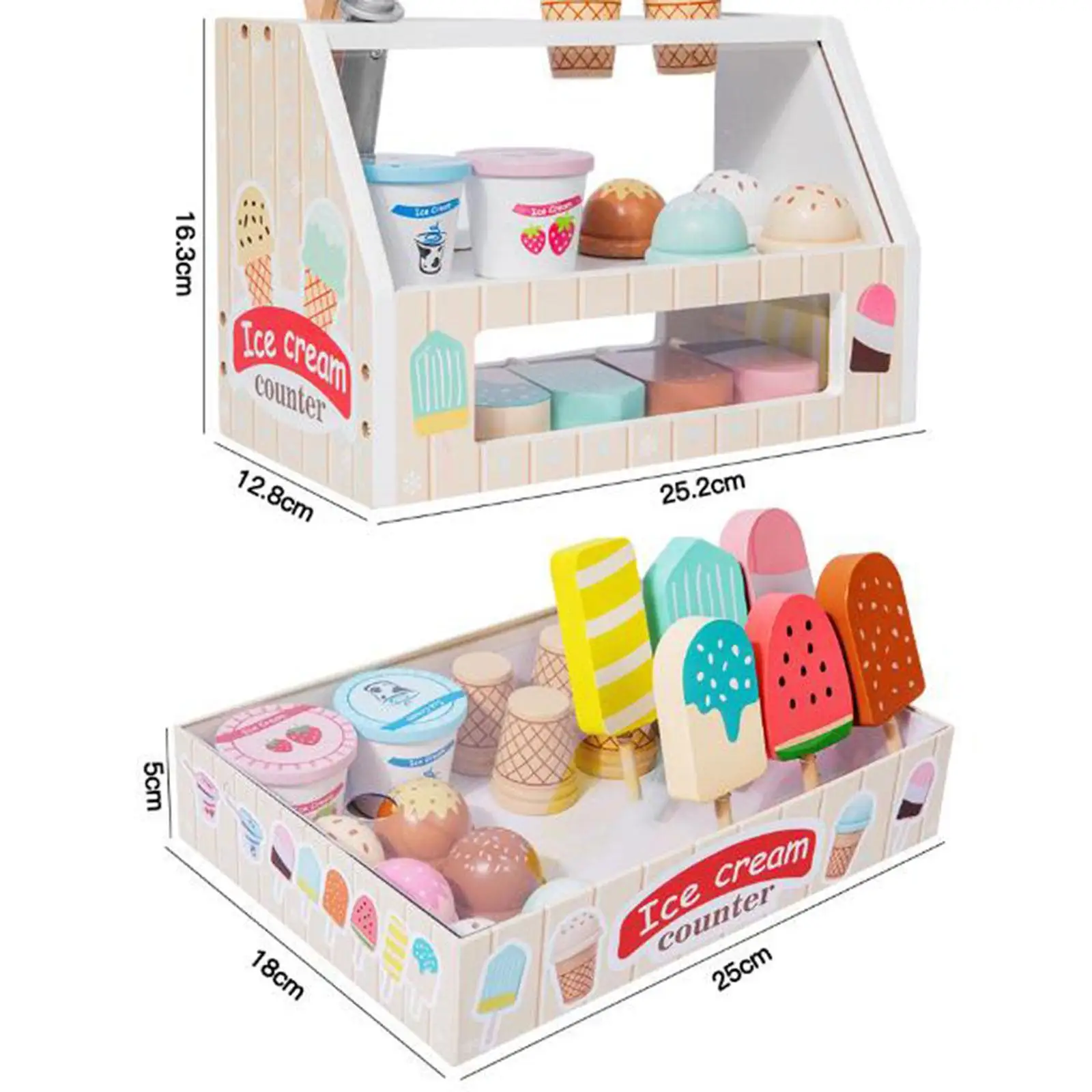 Wooden Ice Cream Counter Playset Food Toys Set for Kids Preschool Girls Boys