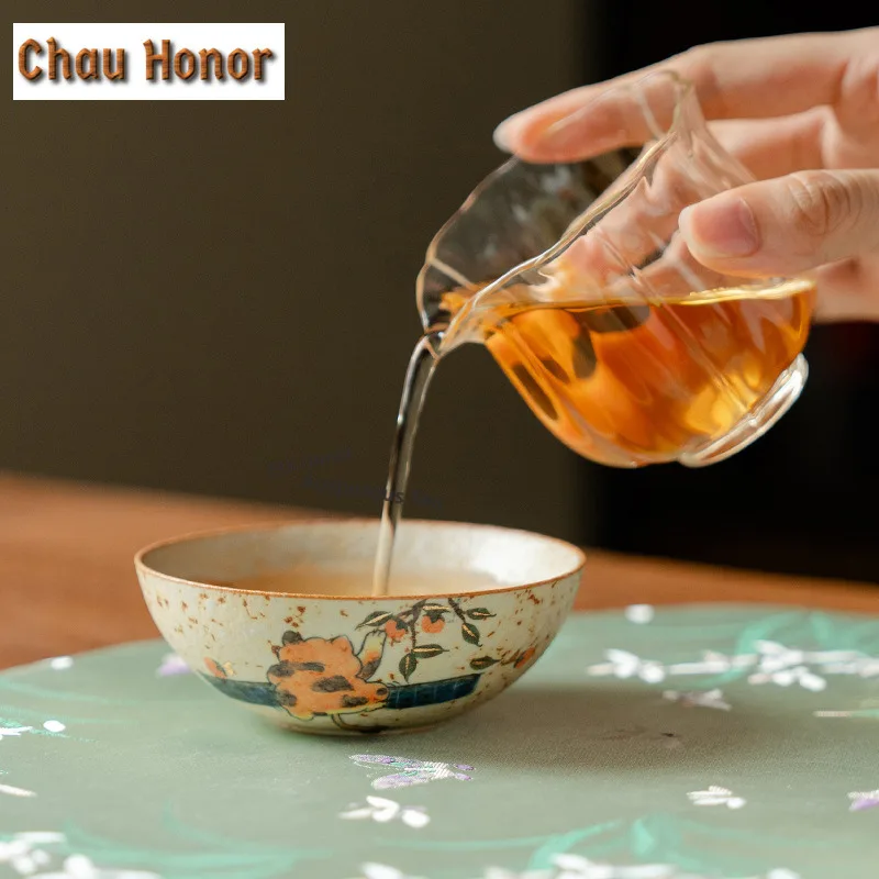 100ml Hand-drawn Orange Cat Teacup Luxury Tea Bowl Cute Cup Tea-tasting Fragrance Cup Jianzhan Master Cups Tea Services