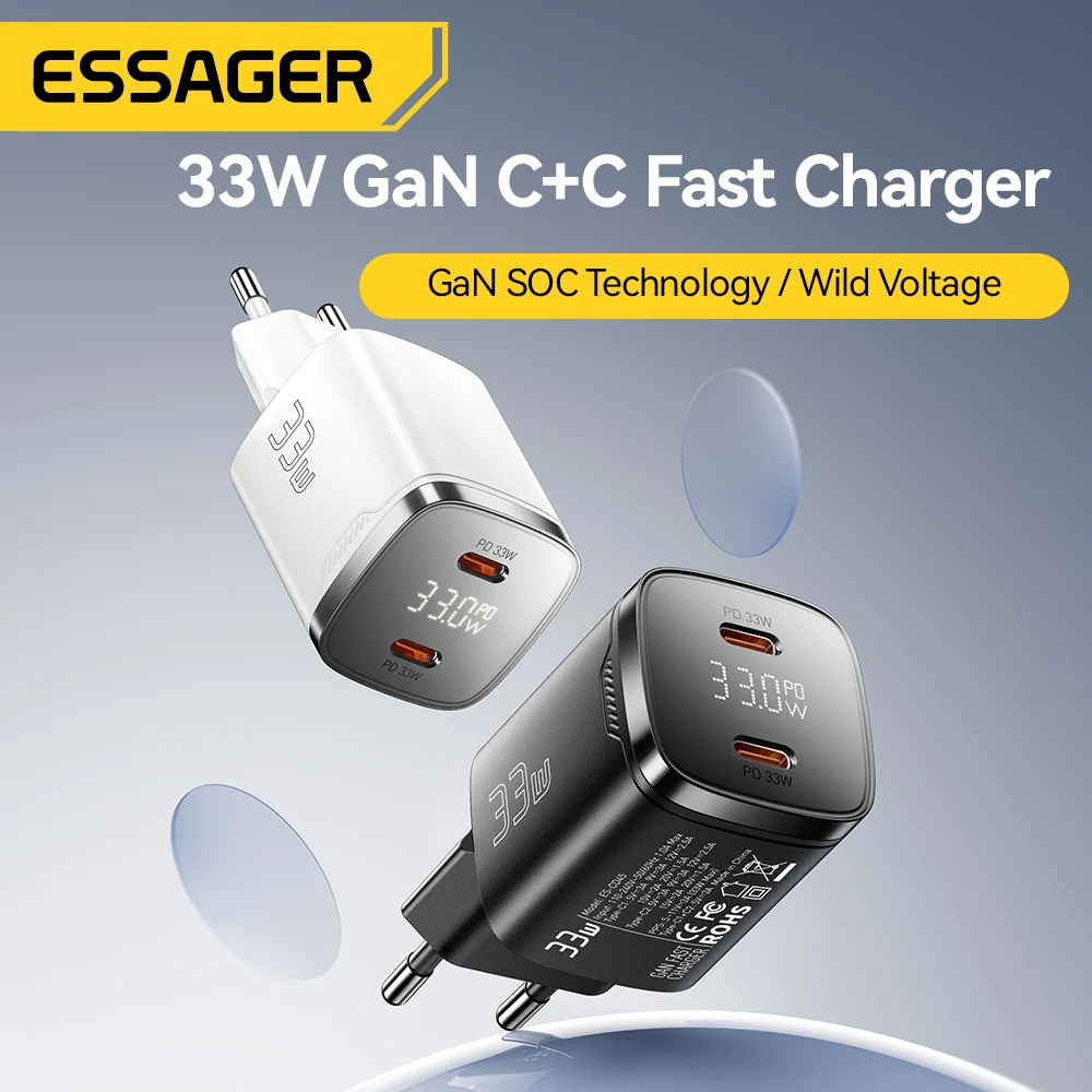Essager 33W GaN Dual USB Type C Charger PD Fast Charging For iPhone 17 16 15 14 13 Pro Max iPad Digital Display Phone Chargers