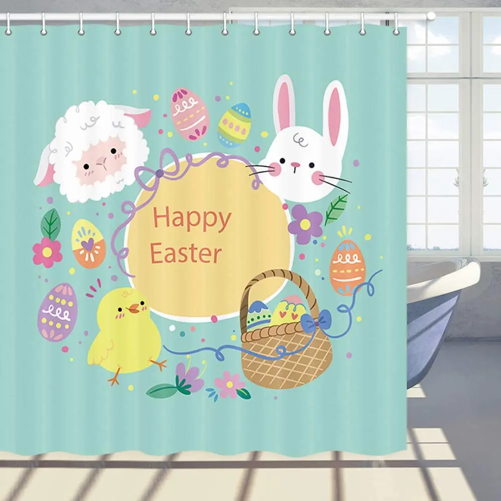 

Занавеска для душа Happy Easter с рисунком милого кролика и яйца, ромашки, цветы, Полиэстеровая ткань, занавеска для ванной комнаты, набор с крючками
