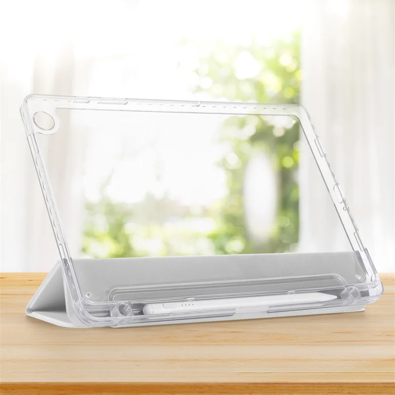 Premium Tablet Case with Pencil Holder and Clear Acrylic Back Cover, Trifold Design