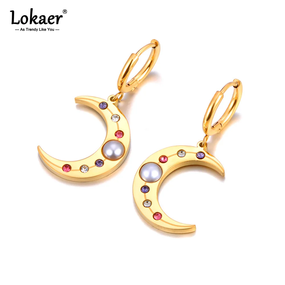 Lokaer Statement 여성용 스테인리스 스틸 진주 크리스탈 문 후프 귀걸이, 18K 골든 PVD 도금 참 파티 쥬얼리, E2404