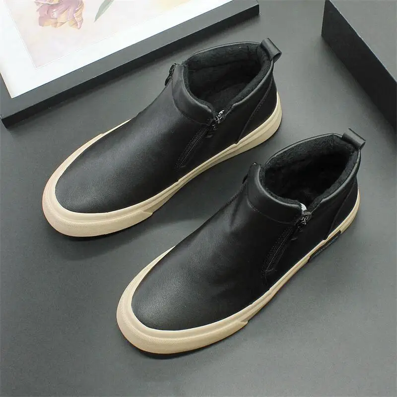 2023 winter new plush cotton shoes Gaobang short-tube warm shoes waterproof leather thick-soled casual men's shoes