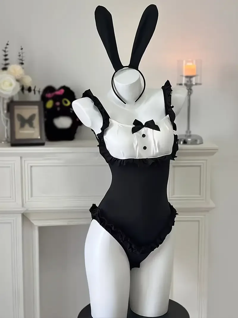 Sexy Bunny Costume, Open-Front Bodysuit with Tail and Snap Closure - Playful Lingerie for Adults