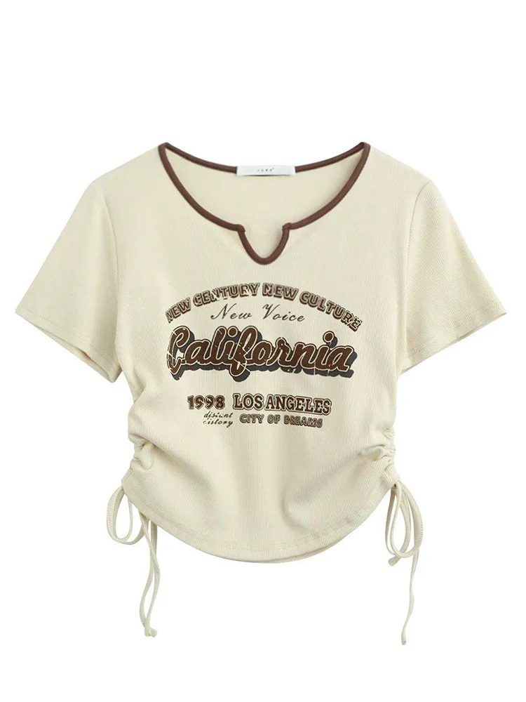 

2024 NewDrawstring Y2k T Shirt Women Letter Crop Top Americal Retro Short Sleeve Tees Korean Graphic Slim Summer Tshirts Clothes