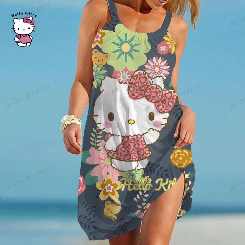 

Hello Kitty Print Summer Dress Print Summer Beach Dress Spaghetti Straps Sleeveless Long Dresses for Women