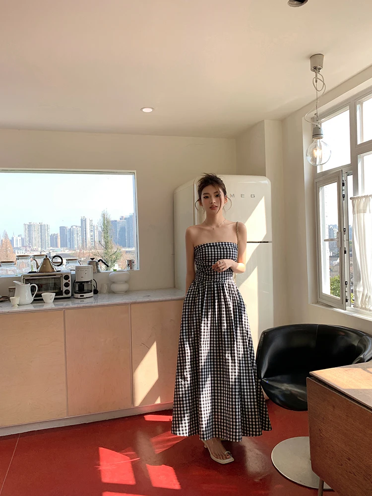 Casual Strapless Midi Dresses for Women Striped Sleeveless A-line Korean Chic Summer New Party Dress Vestidos Mujer