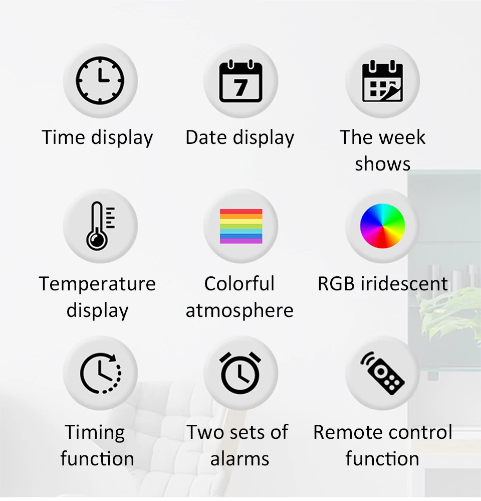 Description Picture 3 of itemLED Luminous Digital Wall Clock With Remote Control Ambient Lights 14'' Creative RGB Alarm Clock  Date Temp Display  Home Decor