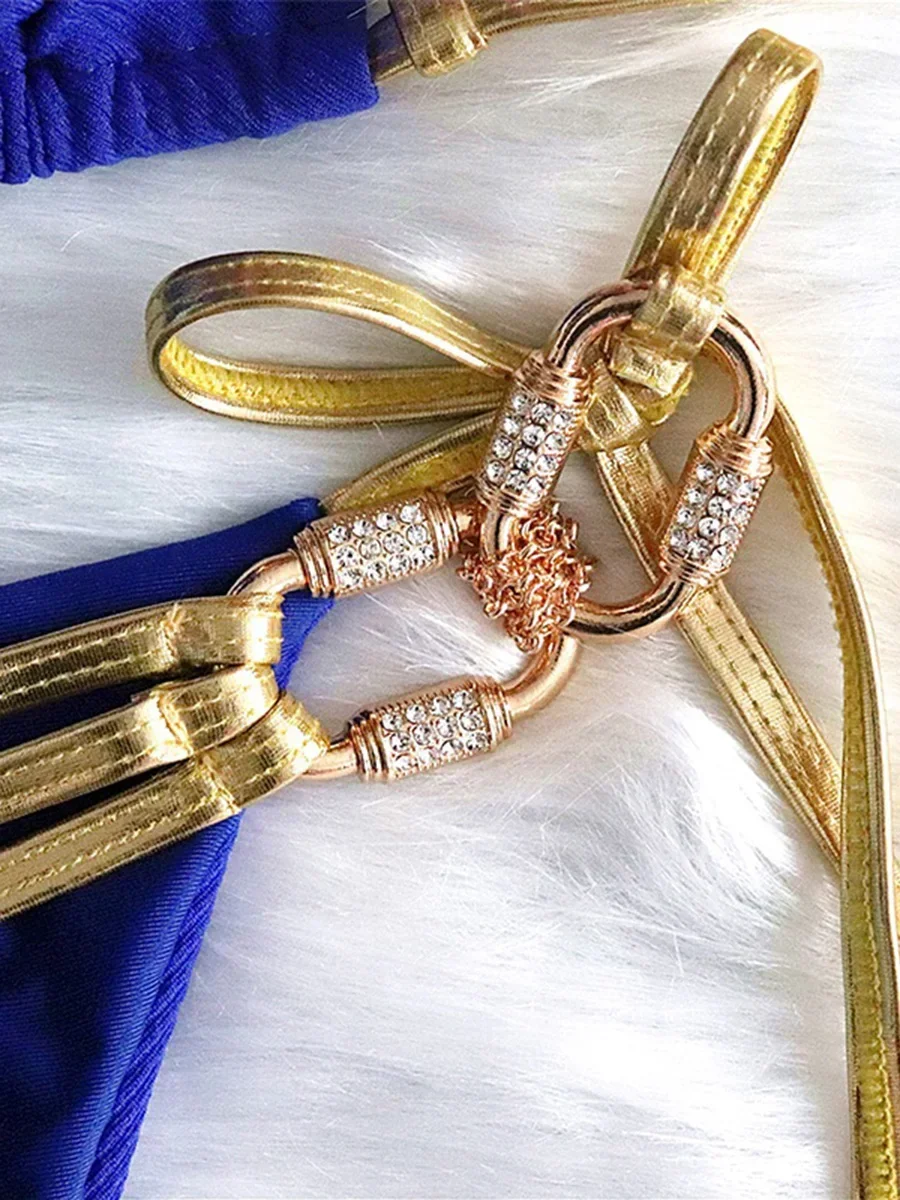 女性用クリスタルダイヤモンドタッセルビキニ,ゴールドバンド水着,リブ