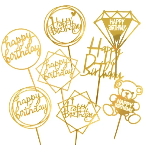 

Acrylic Gold Silver Cake Flag Cupcake Topper Happy Birthday Boy Girl Party Decorations Wedding Supplies