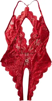 Lingerie Teddy Sexy en Dentelle pour Femme, Body Transparent en Maille à Décolleté Plongeant, Dos Nu, Entrejambe Ouvert, Nuisette Babydoll Une Pièce