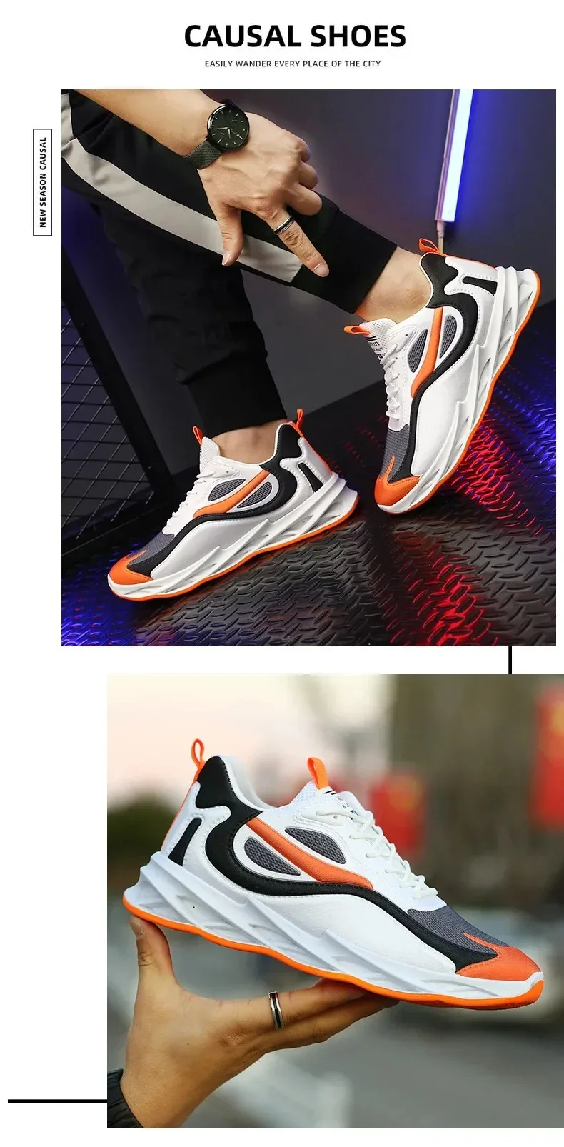 summer men's breathable fabric sports shoes with thick sole, casual Korean style sneakers for comfort and trendy looks. orange