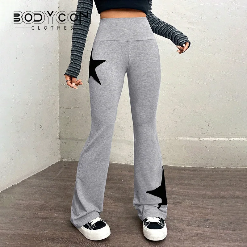 

Bodycon Streetwear Five-pointed Star Print Warp Flare Pants Women High Waist Grey Slim Long Casual Toursers Versatile Y2k pants