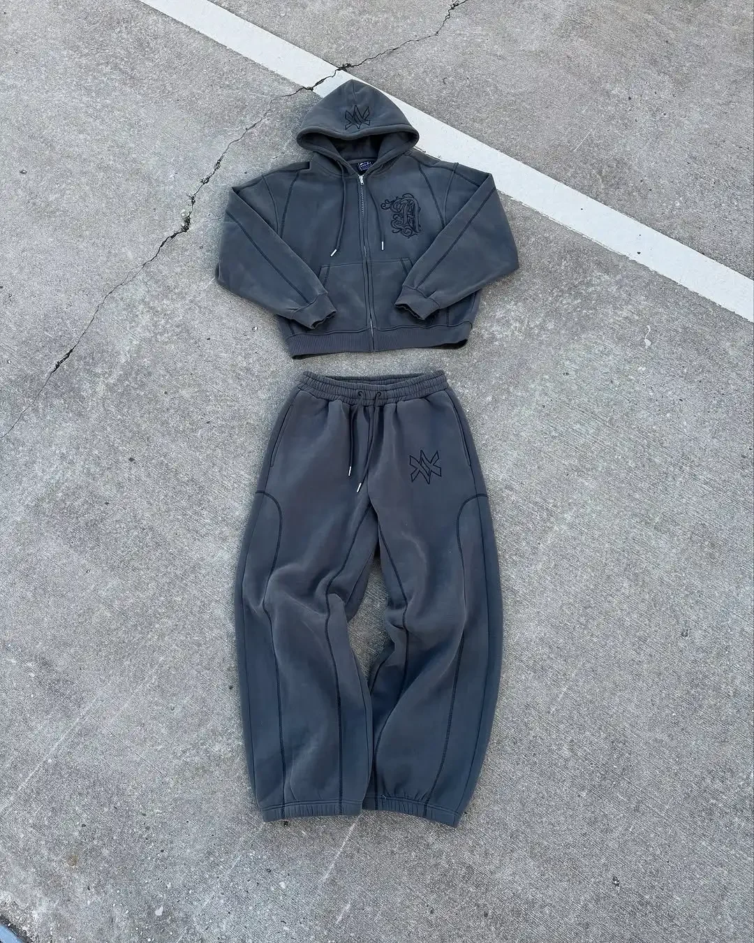 Américain Y2K décontracté sweat à capuche avec fermeture éclair pantalon de survêtement deux pièces ensemble HipHop surdimensionné broderie sweats hommes femmes pantalons décontractés 2
